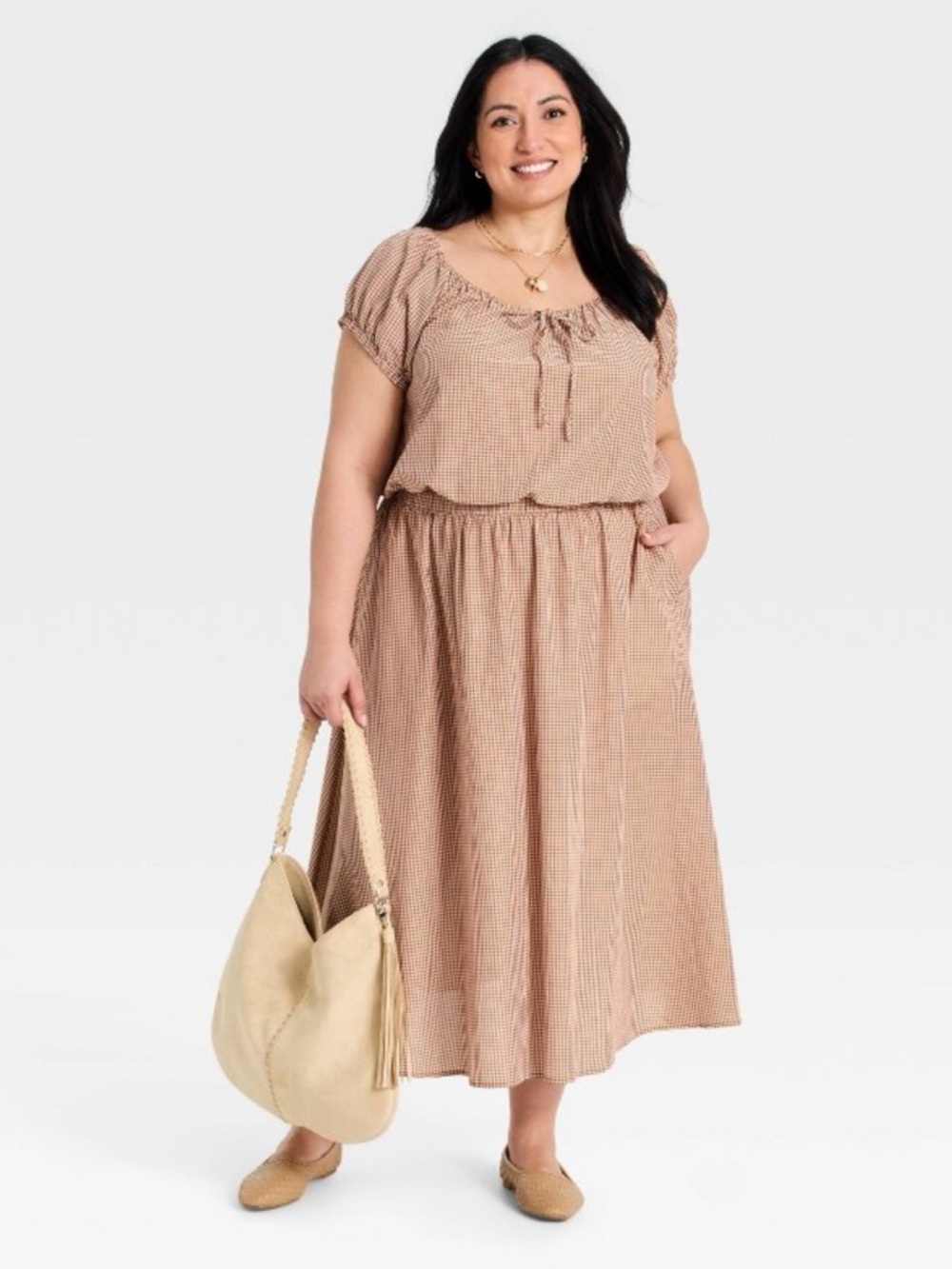 Full set! a new day Brown Gingham Off-Shoulder Top and Skirt Set - XXL NWT